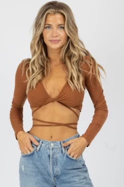MABLE COGNAC WRAP DETAIL LONG SLEEVE CROP