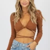 MABLE COGNAC WRAP DETAIL LONG SLEEVE CROP