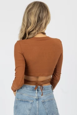 MABLE COGNAC WRAP DETAIL LONG SLEEVE CROP