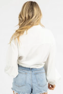 FORE COLLECTION COLLARED PUFF SLEEVE DRAWSTRING BLOUSE *BACK IN STOCK*