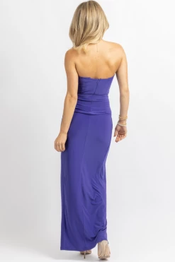 OLIVACEOUS COOL PURPLE STRAPLESS HIGH SLIT MAXI DRESS NEW ARRIVALS