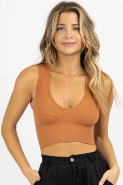 DYNAMIC FASHION COPPER DEEP-V THICK RIBBED CROP TANK NEW ARRIVALS