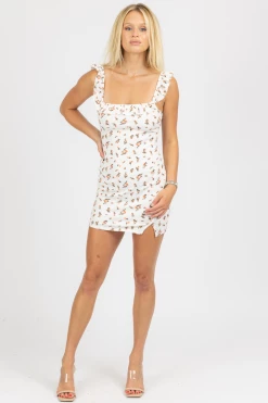 BLUE BLUSH CORAL FLORAL RUFFLED SQUARENECK MINI DRESS CLOTHING