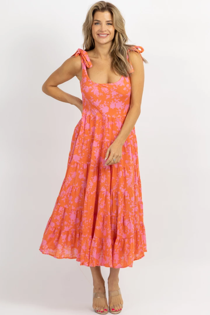 OLIVACEOUS CORAL + PINK FLORAL MIDI DRESS 2 OLIVACEOUS CORAL + PINK FLORAL MIDI DRESS