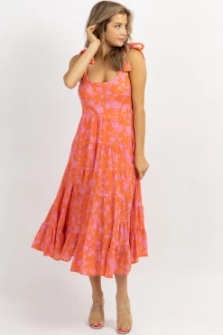 OLIVACEOUS CORAL + PINK FLORAL MIDI DRESS 7 OLIVACEOUS CORAL + PINK FLORAL MIDI DRESS
