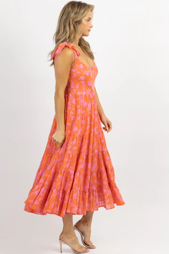 OLIVACEOUS CORAL + PINK FLORAL MIDI DRESS 4 OLIVACEOUS CORAL + PINK FLORAL MIDI DRESS