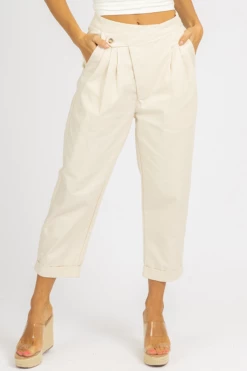 MABLE CREAM WOVEN ASYMMETRICAL BUTTON PANTS CLOTHING