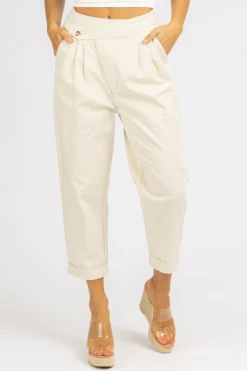 MABLE CREAM WOVEN ASYMMETRICAL BUTTON PANTS CLOTHING