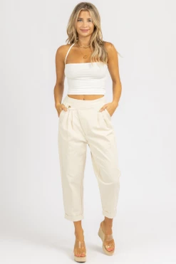 MABLE CREAM WOVEN ASYMMETRICAL BUTTON PANTS CLOTHING
