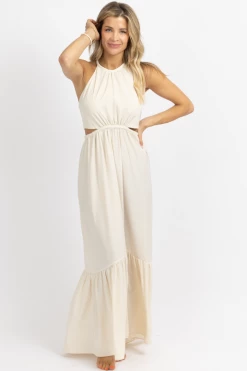 EDIT BY NINE CREAM BRAIDED NECK OPEN SIDE MAXI DRESS NEW ARRIVALS