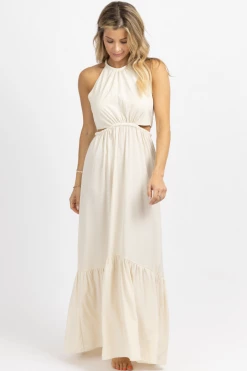 EDIT BY NINE CREAM BRAIDED NECK OPEN SIDE MAXI DRESS NEW ARRIVALS