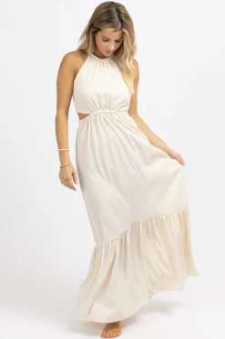 EDIT BY NINE CREAM BRAIDED NECK OPEN SIDE MAXI DRESS NEW ARRIVALS
