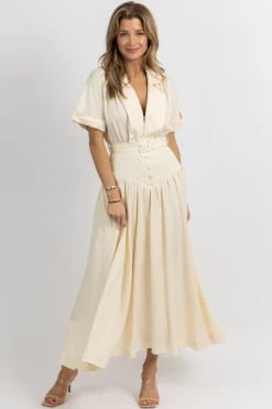 MABLE CREAM COLLAR + CORSET DETAIL BELTED MAXI DRESS NEW ARRIVALS