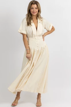 MABLE CREAM COLLAR + CORSET DETAIL BELTED MAXI DRESS NEW ARRIVALS