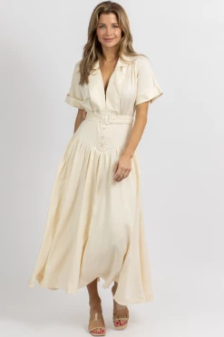 MABLE CREAM COLLAR + CORSET DETAIL BELTED MAXI DRESS NEW ARRIVALS