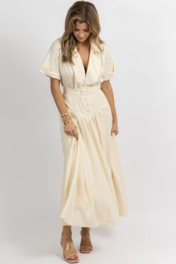 MABLE CREAM COLLAR + CORSET DETAIL BELTED MAXI DRESS NEW ARRIVALS