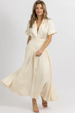 MABLE CREAM COLLAR + CORSET DETAIL BELTED MAXI DRESS NEW ARRIVALS