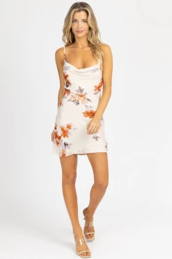 BLUE BLUSH NEW ARRIVALS OATMEAL FLORAL COWL MINI DRESS