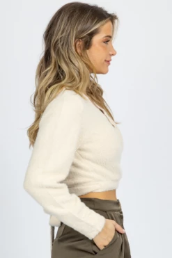 LUSH CREAM FRONT WRAPPED TIE SWEATER