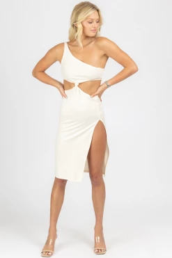 CRESCENT CREAM FRONT KNOT ASYMMETRIC MIDI DRESS NEW ARRIVALS