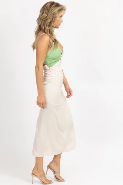 FORE COLLECTION CREAM + LAVENDER SATIN COLORBLOCK MAXI DRESS