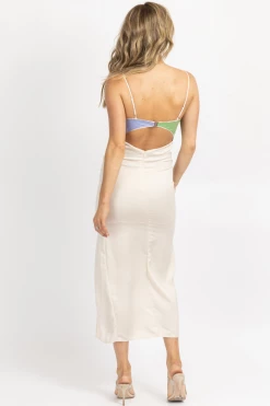 FORE COLLECTION CREAM + LAVENDER SATIN COLORBLOCK MAXI DRESS