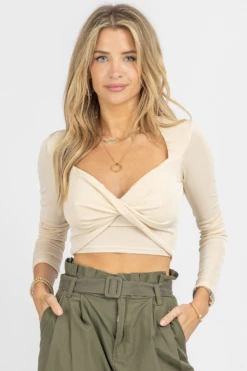 MABLE CREAM SLINKY LONG SLEEVE FRONT TWIST CROP *BACK IN STOCK* NEW ARRIVALS