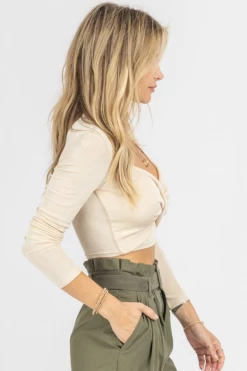 MABLE CREAM SLINKY LONG SLEEVE FRONT TWIST CROP *BACK IN STOCK* NEW ARRIVALS