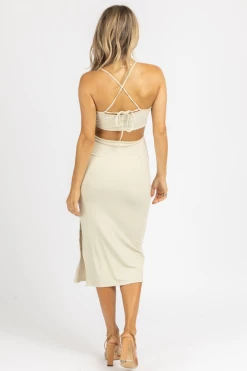 CRESCENT BEIGE O-RING LENNON MIDI DRESS