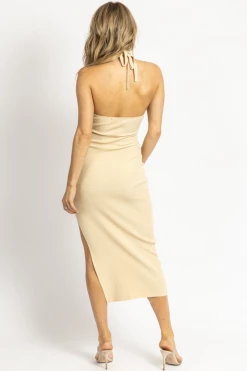 EMORY PARK BEIGE KNIT HALTER KEYHOLE MIDI DRESS