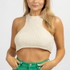 EMORY PARK CREAM KNIT RACER FRONT CROP TOP