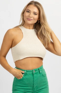 EMORY PARK CREAM KNIT RACER FRONT CROP TOP 9 EMORY PARK CREAM KNIT RACER FRONT CROP TOP
