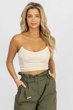 MABLE CLOTHING CREAM RUCHED SIDE ZIP CROP