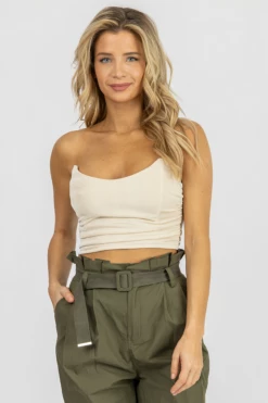 MABLE CLOTHING CREAM RUCHED SIDE ZIP CROP