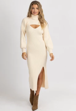 FORE COLLECTION CREAM TURTLENECK CROP KNIT MIDI DRESS