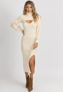 FORE COLLECTION CREAM TURTLENECK CROP KNIT MIDI DRESS