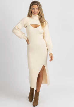 FORE COLLECTION CREAM TURTLENECK CROP KNIT MIDI DRESS