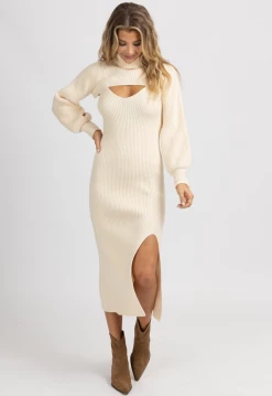 FORE COLLECTION CREAM TURTLENECK CROP KNIT MIDI DRESS