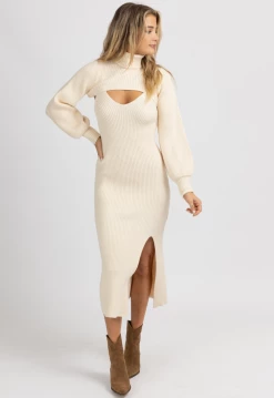 FORE COLLECTION CREAM TURTLENECK CROP KNIT MIDI DRESS