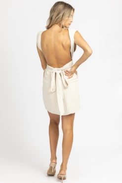 FORE COLLECTION BEIGE LINEN MULTI-WAY TIE MINI DRESS