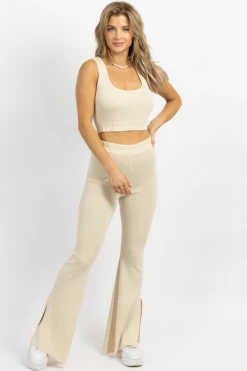 LULUNICO NEW ARRIVALS CREAM STRETCH SLIT FLARE PANT SET