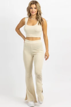 LULUNICO NEW ARRIVALS CREAM STRETCH SLIT FLARE PANT SET