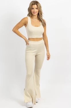LULUNICO NEW ARRIVALS CREAM STRETCH SLIT FLARE PANT SET