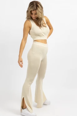 LULUNICO NEW ARRIVALS CREAM STRETCH SLIT FLARE PANT SET