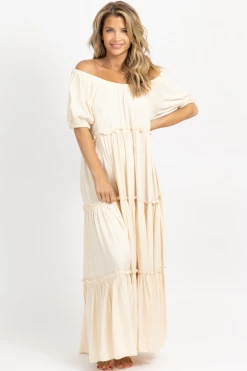 FORE COLLECTION NEW ARRIVALS CREAM RUFFLE TIERED OFF-SHOULDER MAXI DRESS