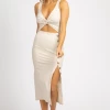 FORE COLLECTION BEIGE FRONT CUTOUT BUTTON MIDI DRESS *BACK IN STOCK*
