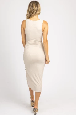 FORE COLLECTION BEIGE FRONT CUTOUT BUTTON MIDI DRESS *BACK IN STOCK*
