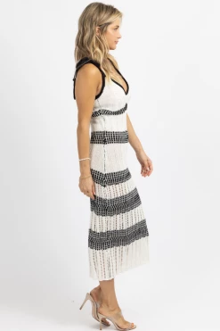 BLUE BLUSH NEW ARRIVALS IVORY + BLACK CONTRAST CROCHET MIDI DRESS