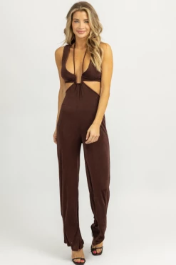 ENDLESS BLU NEW ARRIVALS CHOCOLATE HALTER TIE SLEEVELESS JUMPSUIT