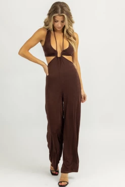 ENDLESS BLU NEW ARRIVALS CHOCOLATE HALTER TIE SLEEVELESS JUMPSUIT